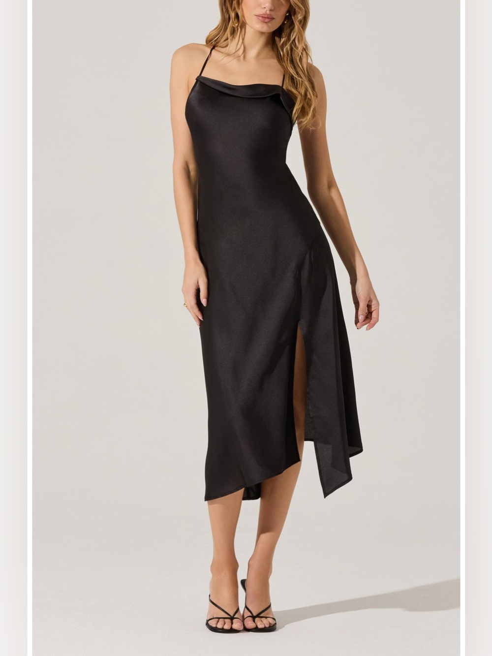 ASTR The Label Blk Satin Asymmetric Midi Slip Dress Cowl Neck Strappy Back Slit